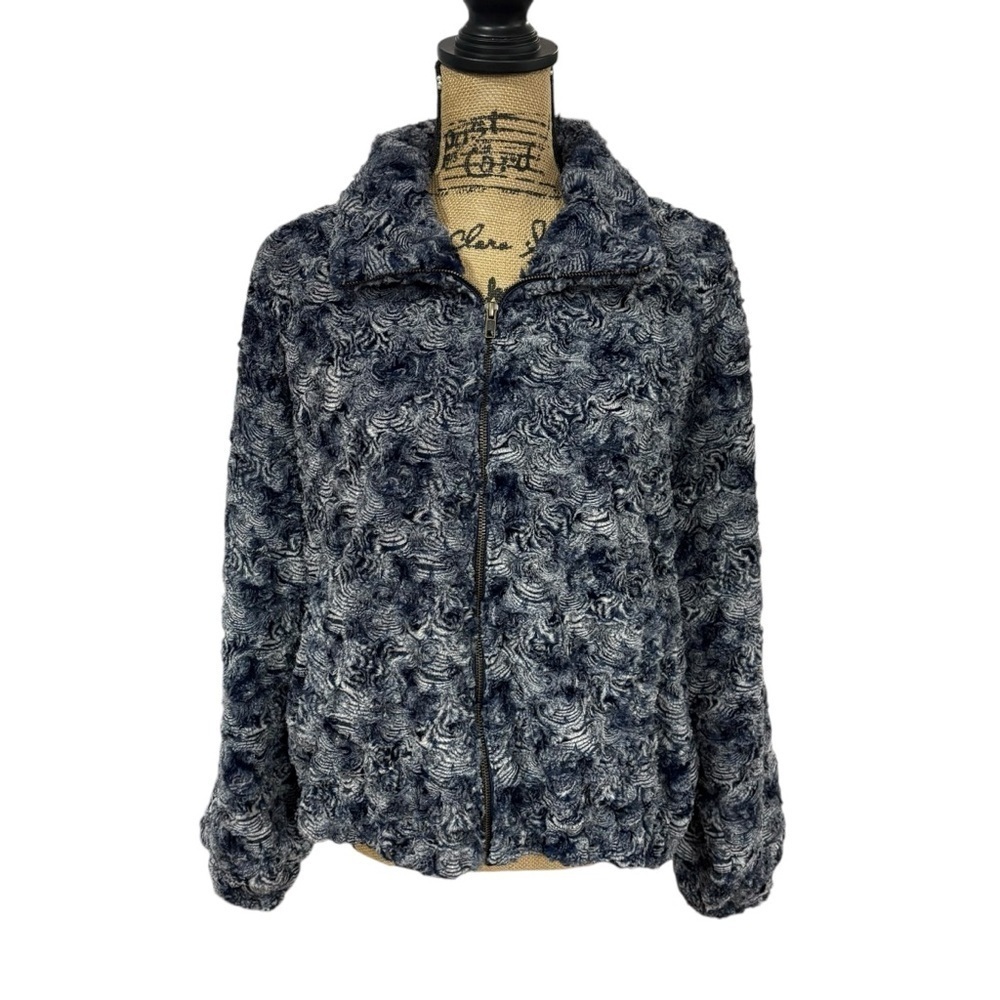 Johnny Was Rosaline Faux Fur Bomber Jacket Full Zip Silk Lined Blue Size Small - Picture 3 of 11